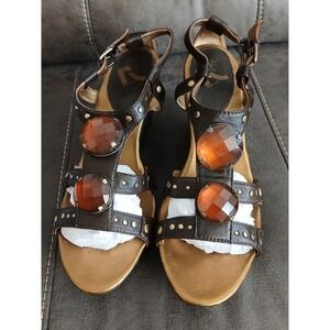 REPORT Brown Strappy Cork Heels Straps, Size 9 M Dressy Shoes Large Gems #1058‎